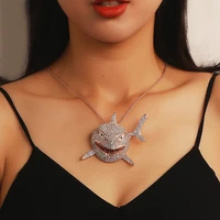 origin summer exaggerated punk oversize shark pendant necklace for women shiny rhinestone unusual metal animal necklace jewelry