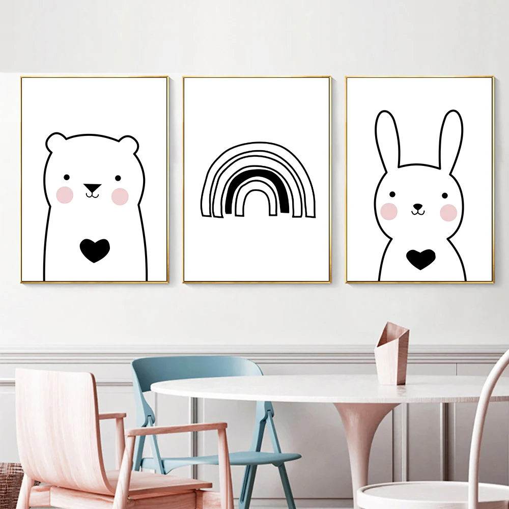 Кролик Медведь Холст плакат скандинавские принты игровая комната черно-белые