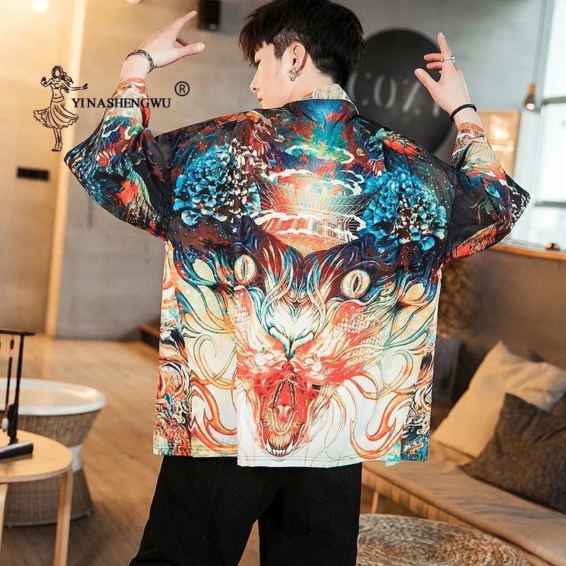 

Japanese Kimono Men Traditional Costume Cardigan Harajuku Print Shirt Kimono Cardigan Loose Asian Clothes Kimono Coat Japan Male
