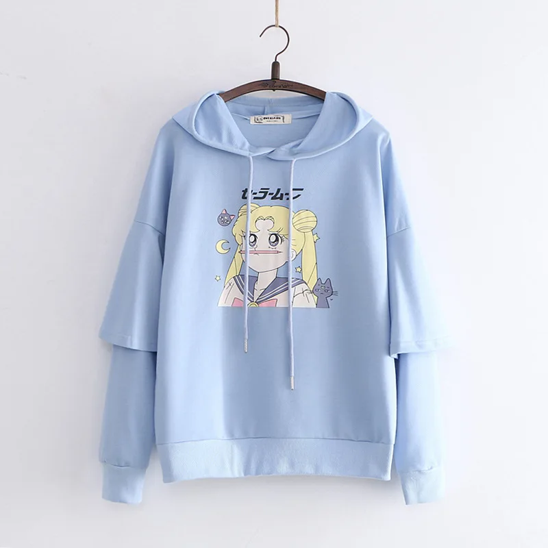 Light blue Merry Pretty женские толстовки с капюшоном и мультяшным принтом Зимние толстовки с длинным рукавом в стиле пэчворк для женщин Harajuku Пуловеры - Цвет: Light blue