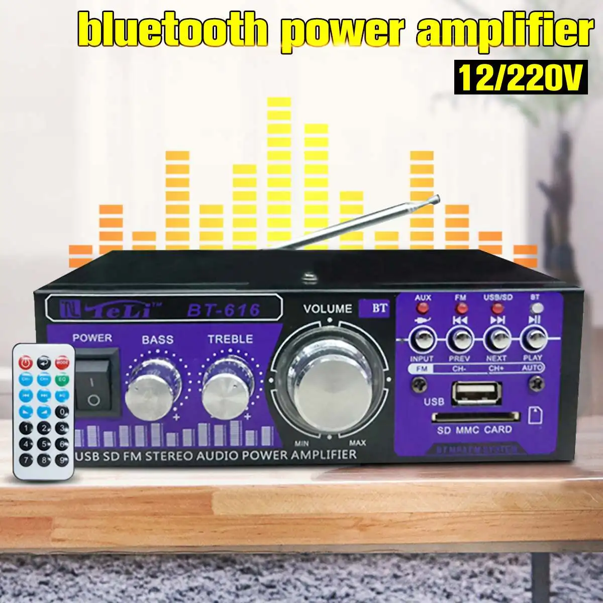

Стереоусилитель HiFi, 12 В/220 В, 200 Вт, 2 канала, bluetooth, USB, SD, FM, радио, мощный стереоусилитель для автомобиля, домашний усилитель звука