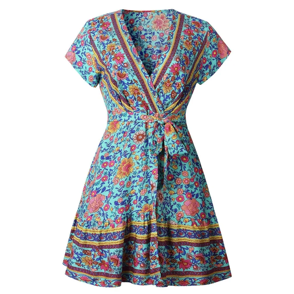 

2020 Retro Boho Beach Short Dress Plus Size Women Summer Print Dress Women Clothes Sexy V-Neck Short Sleeve Casual Dress Vestido