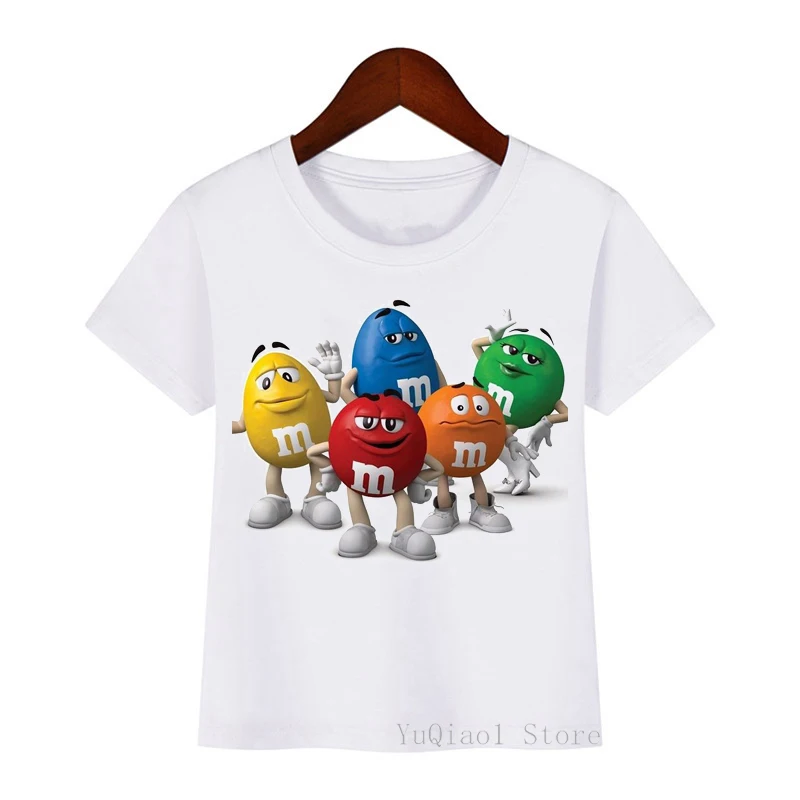 

Funny cartoon chocolate beans MM printed kids white t-shirt unisex summer top boy t shirt girl clothes teen's tshirts streetwear