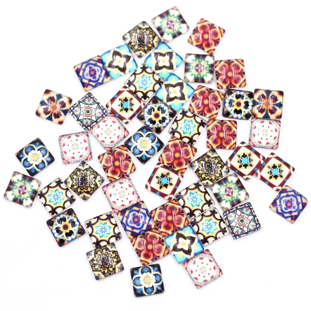 

50PCS Mixed Square Glass Cameos Cabochons Mandala Flower Pattern 12x12mm DIY Embellishment Scrapbook Handbag Crafts Accessories