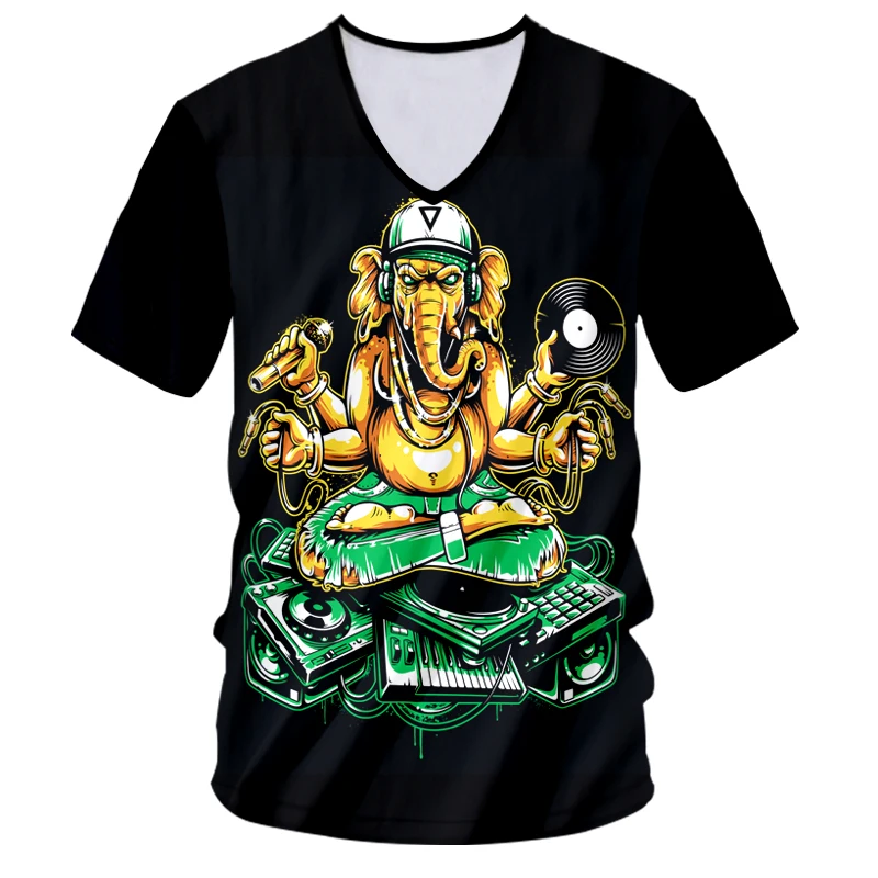 

IFPD EU Size Ganesha T Shirts Men's Short Sleeve 3D V-neck T-shirt Print Elephant God And Music Summer Casual Plus Size 6XL Tops