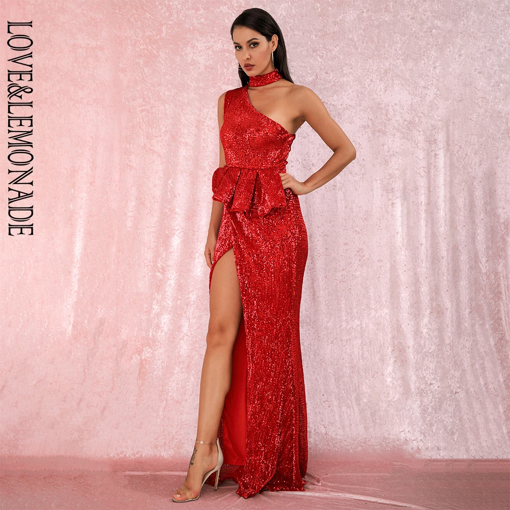 LOVE& LEMONADE A/W сексуальные красные Холтер без бретелек плечи Раффлед Сплит эластичные Блестки без рукавов вечерние платья макси LM81953