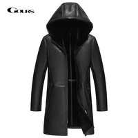 gours winter genuine leather jacket men black real shearling sheepskin long coat with hooded natural wool lining warm gsjf1880