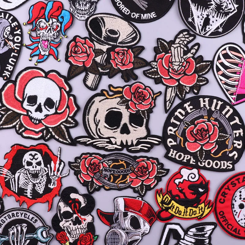 

Punk Rose Skeleton Patch Iron On Patches Skull Clorhing Stickers Embroidered Patches For Clothing Appliques Stripe Hippie Badges