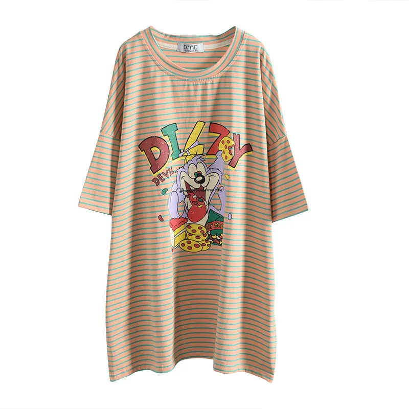 

2020 Summer New Oversized Half Sleeve Women T-shirt Korean Loose Kawaii Cartoon Print Stripe T Shirt Plus Size Black White Tops