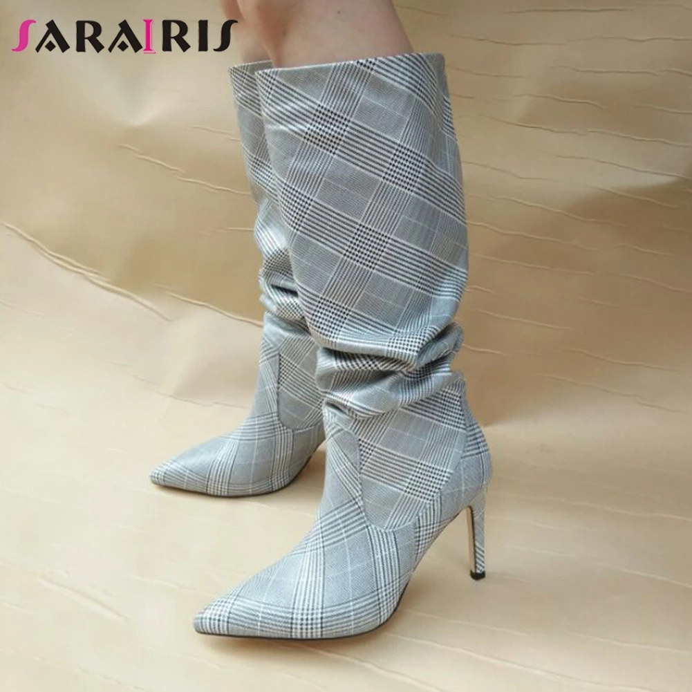 

SARAIRIS Big Size 33-43 Ladies 2020 Autumn Boots Genuine Leather Boots Women Pointed Toe Thin High Heels Slip On Shoes Woman