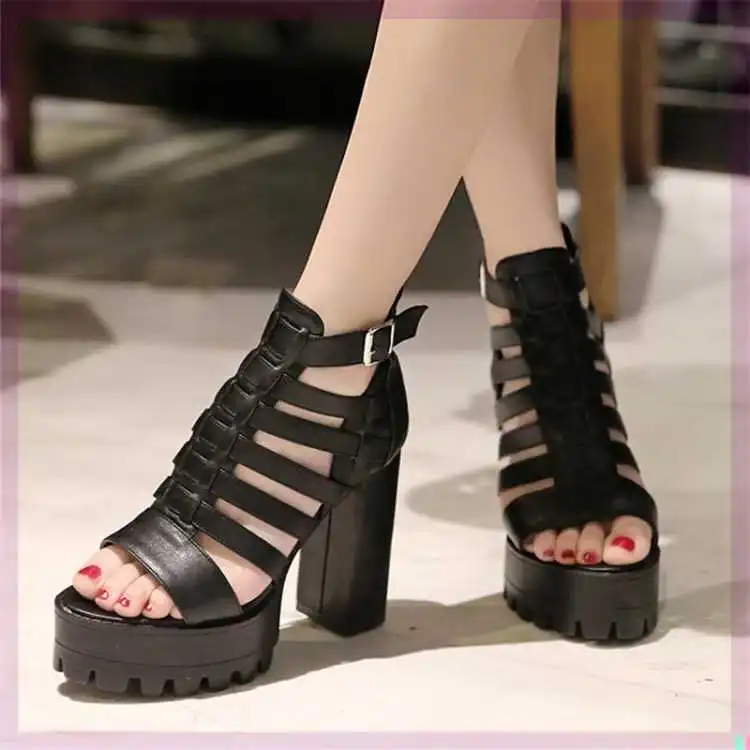 

2021 summer new Foot summer super high heel thick heel sandals with one button mouth sandals large size 41 hollow out thick