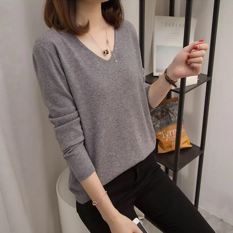 Женская трикотажная блузка с v образным вырезом Повседневные пуловеры длинными