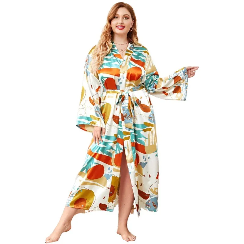 

Plus Size 3XL 4XL Chinese Women Robe Vintage Print Flower Kimono Bathrobe Home Dress Gown Long Nightgown Silky Satin Sleepwear