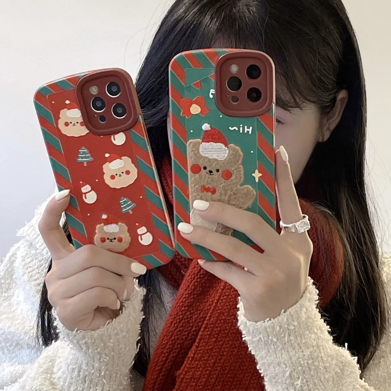 

Cute Cartoon Christmas Bear Embroidery Phone Case For iPhone 11 12 13 Pro Max Xs X Xr 7 8 Plus Winter Soft Shockproof Cover