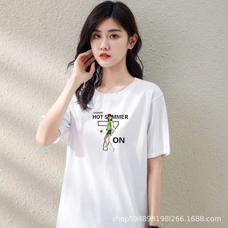 

2021 Summer New Women's Short-sleeved T-shirt Korean Style Loose Women's Cotton Bottoming Top Graphic T Shirts Y2k Top