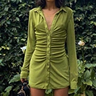 Женское облегающее мини-платье, зеленое клубвечерние вечернее короткое платье с отложным воротником, на пуговицах, элегантная уличная одежда, рубашка