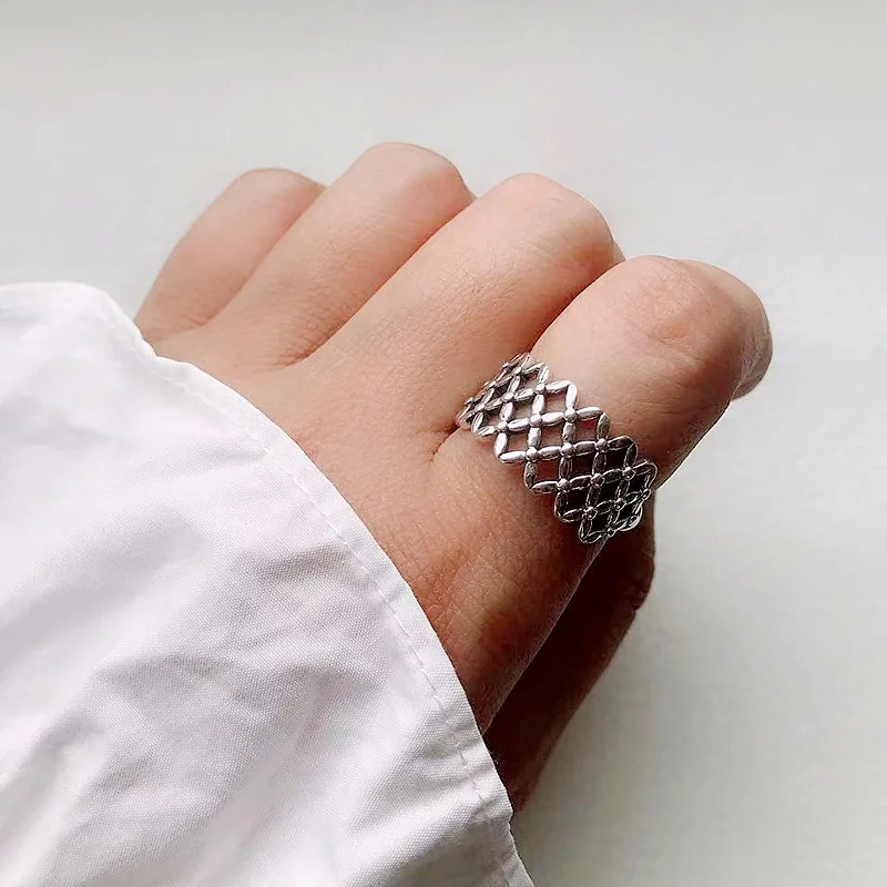 

FNJ Hollow Flower Ring 925 Silver Adjustable Size 100% Original Real S925 Solid Silver Rings for Women Jewelry