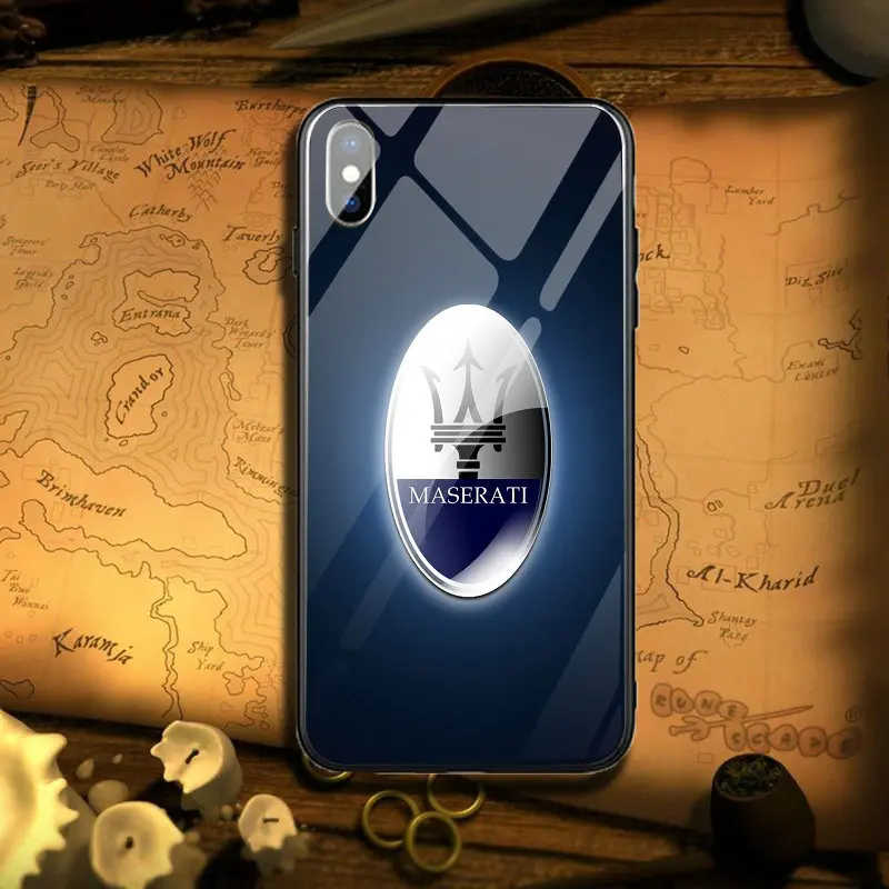 Популярные Чехлы Maserati с логотипом автомобиля из закаленного стекла для iPhone 5 5S SE 6 6s Plus 7 8 Plus X XR XS Max Capa Coque Funda