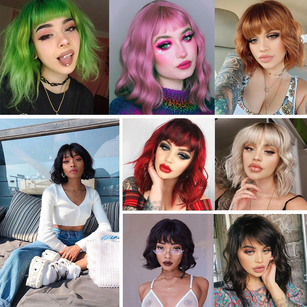 

Short Wavy Wigs With Bangs Synthetic Natural Brown Red Pink Hair Bob Wig Heat Resistant Fiber Cosplay Lolita Wigs For Women