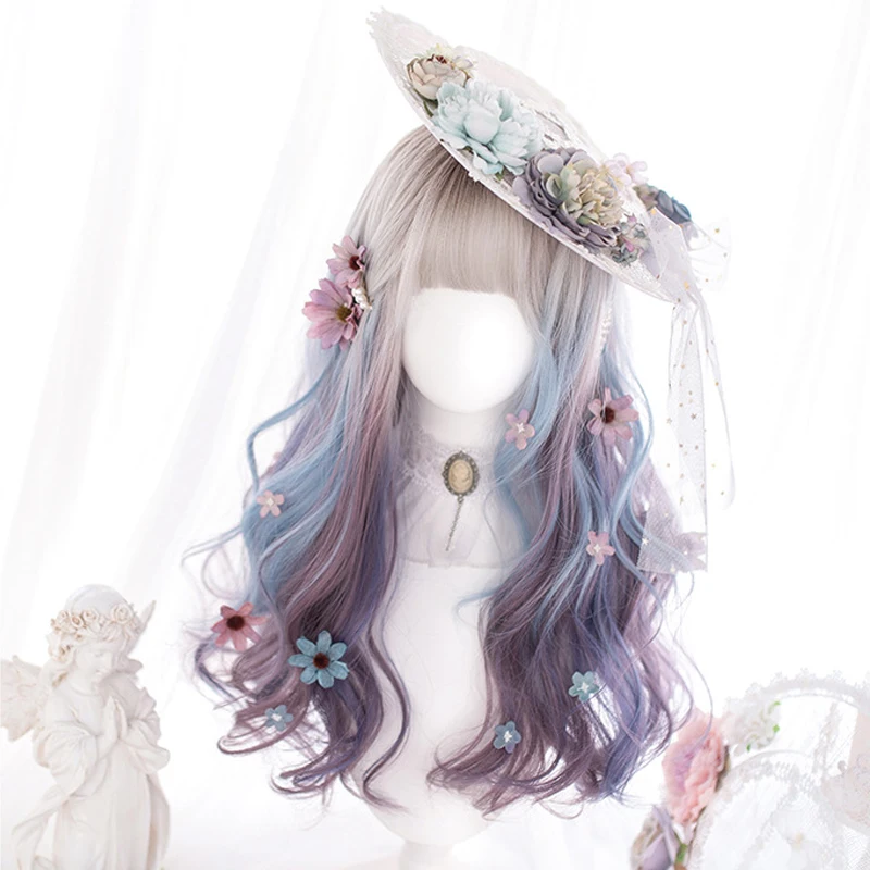 

LM длинный волнистый кудрявый парик с челкой для женщин Омбре фиолетово-синий термостойкие синтетические волосы Рождественский парик для к...