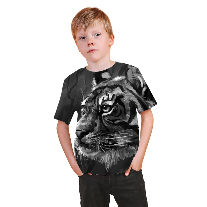 

Boys and girls 3D short-sleeved T-shirt casual animal print lion tiger wolf cat fashion T-shirt boys 4-14 years old clothes