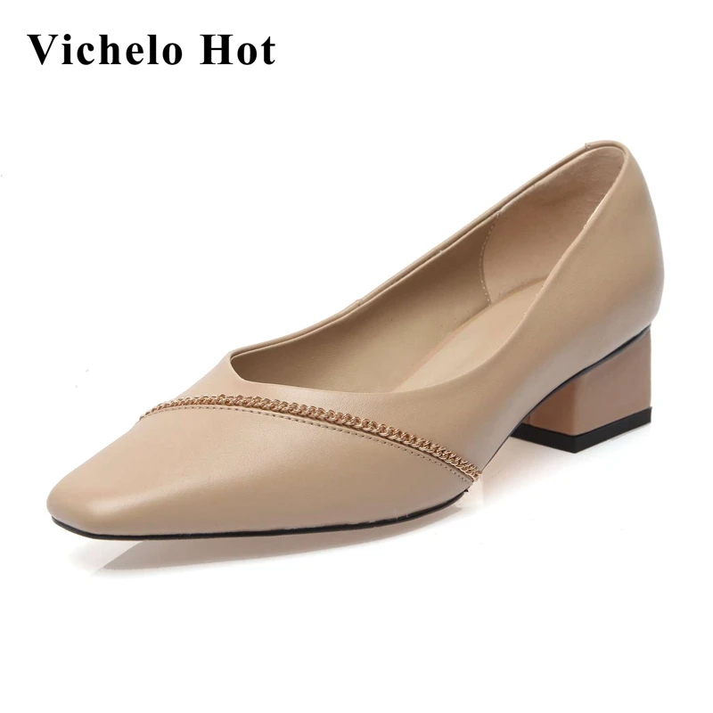 

Vichelo Hot original design spring new brand shoes genuine leather small square toe med heel European style cozy women pumps L53