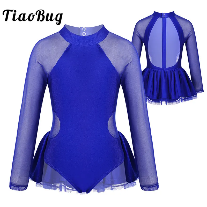 

TiaoBug Kids Girls Sheer Long Sleeves Tulle Splice Ruffled Ballet Gymnastics Leotard Jumpsuit Figure Skating Dress Dance Costume