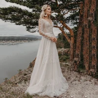 princess wedding dress sheer scoop neck long sleeve bohemian lace wedding dress appliques tulle a line bridal gown sweep train