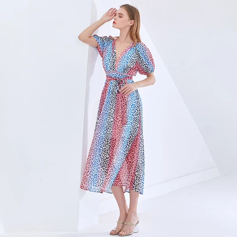 

Hit Color Elegant Dress For Women V Neck Puff Sleeve High Waist Print Leopard Midi Dresses Female Fashion New Tide