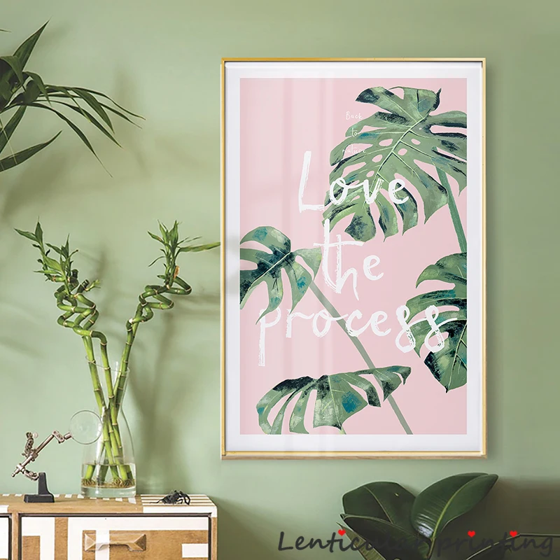 HD скандинавский розовый постер зеленые листья и фламинго Мотивационная картина
