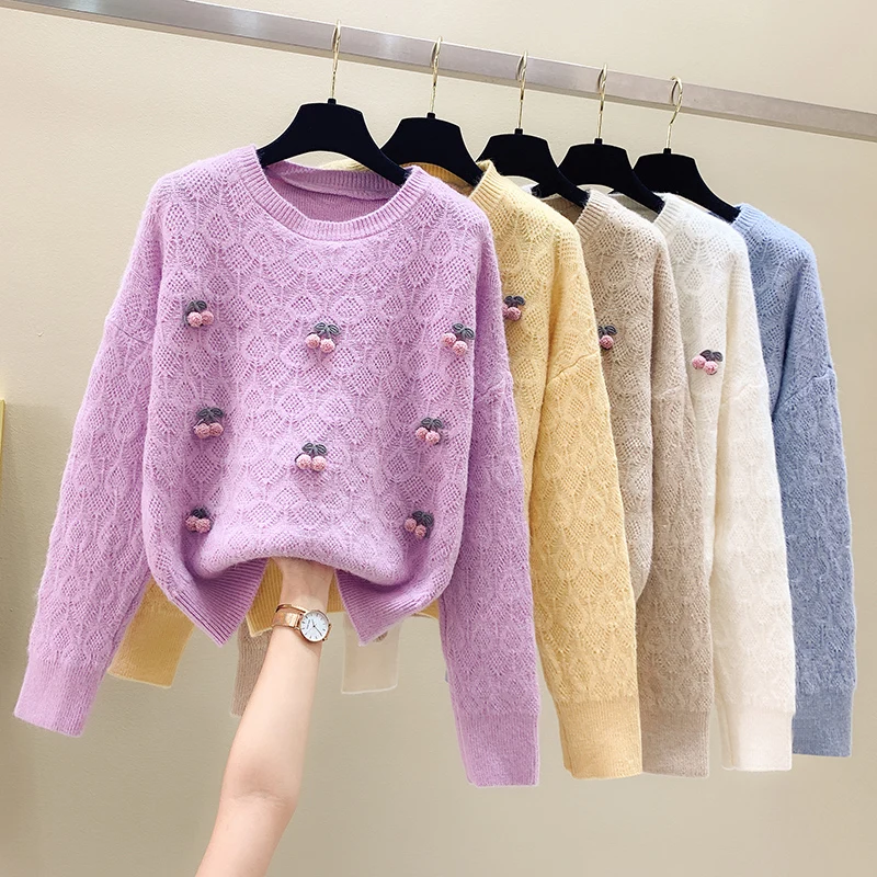 

Autumn Winter New Sweet Girl 3D Cherry Decorate Long Sleeve Sweater Women Warm Casual O-Neck Pullover Knitted Tops