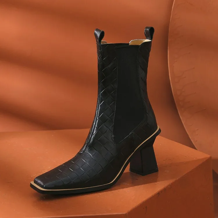 

MLJUESE 2021 women soft ankle boots cow leather slip on boots winter short plush square toe high heels women boots