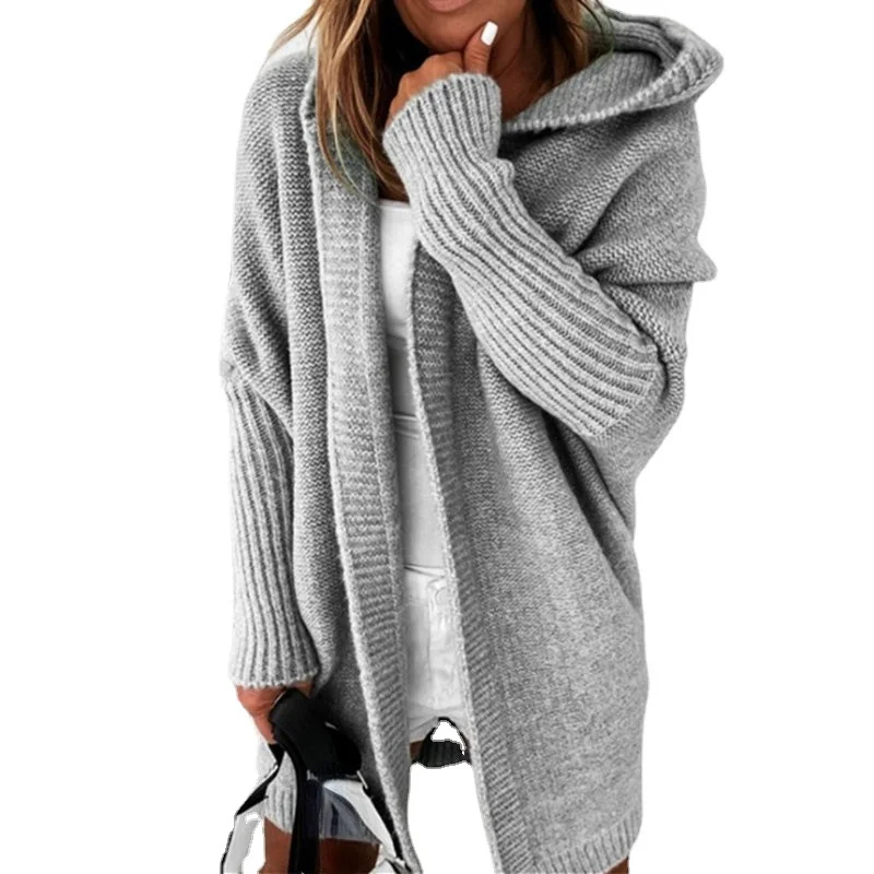 

Front opening bat sleeve cap knitted cardigan women's 2021 winter new warm long sweater coat
