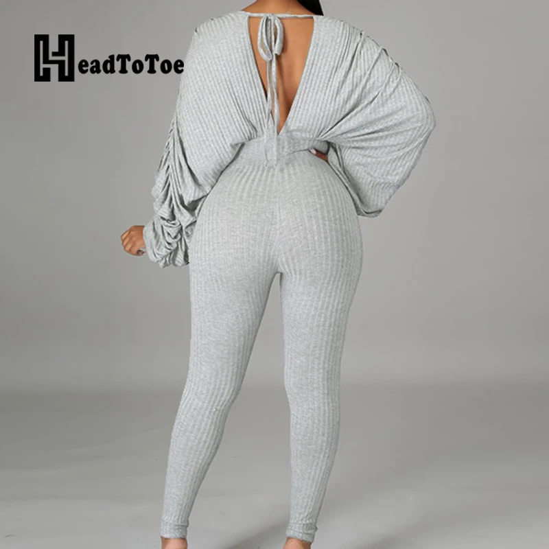

Solid Pleated Skinny Fashion Sexy Romper Woman Long Lantern Sleeve V Neck Pencil Jumpsuit Women