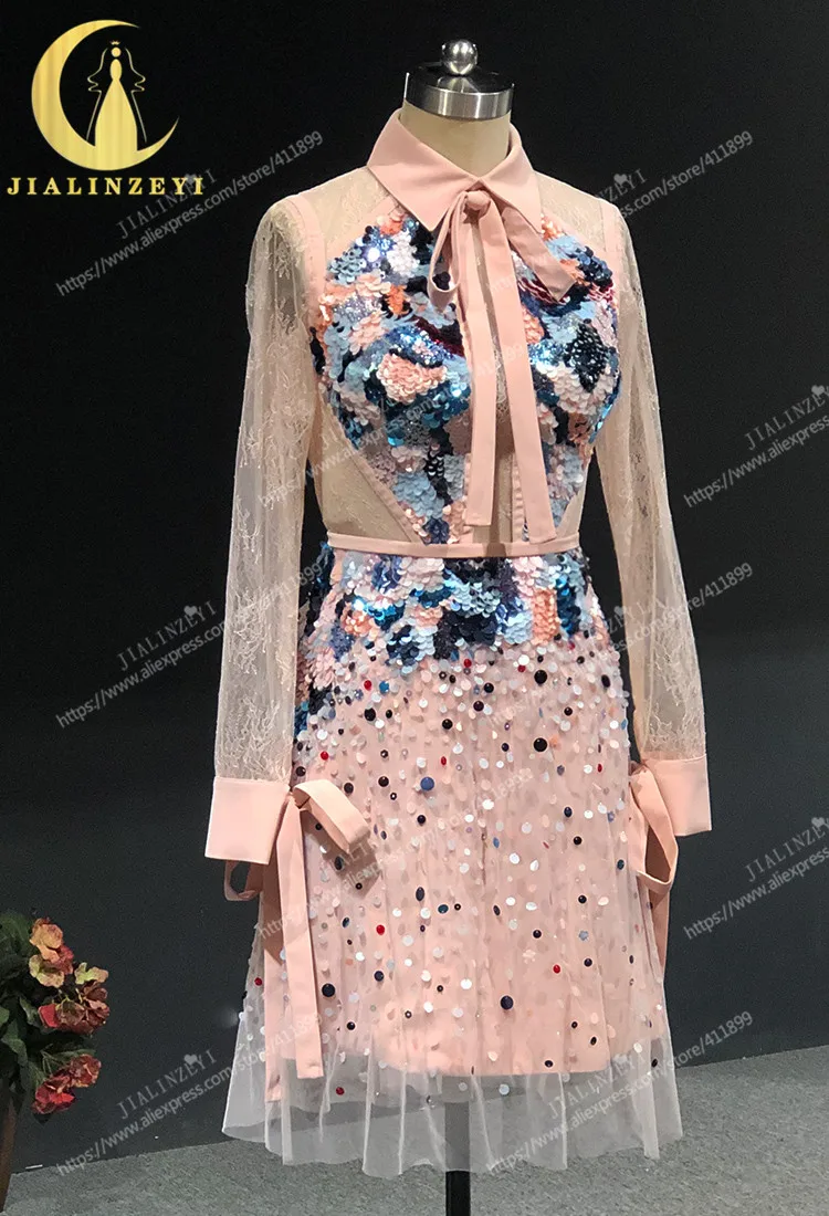 Рейн реальные фотографии Elie Saab розового цвета с высоким воротом и блестками