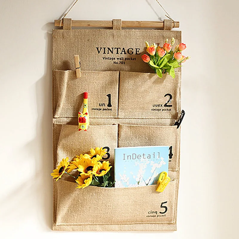 

Flaxen Linen multi-layer digital hanging storage bag home wall closet reusable bag sundries makeup organizers five pockets