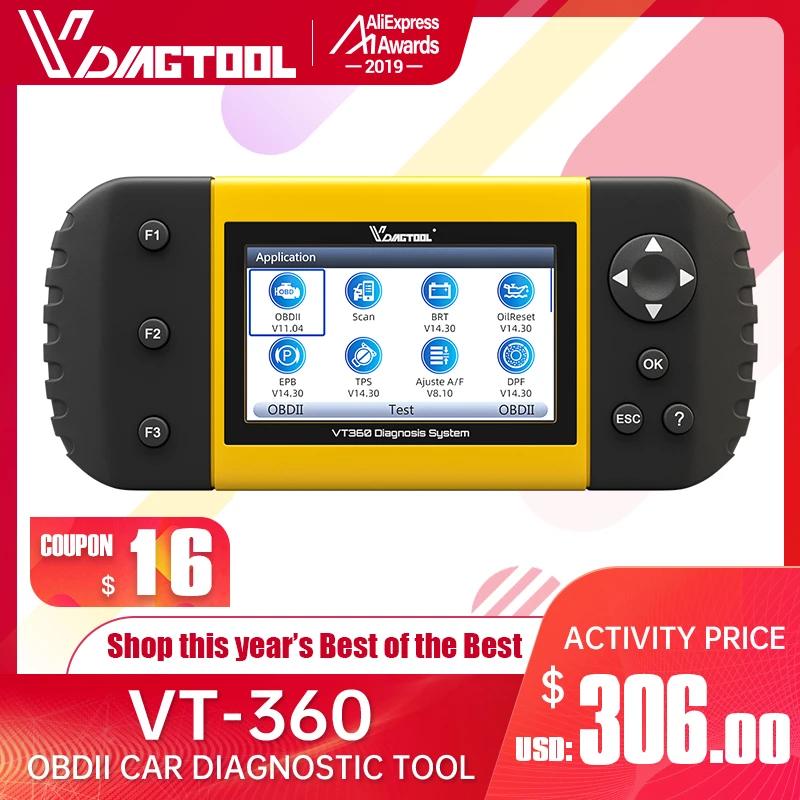 VDIAGTOOL VT360 OBDII Автомобильный диагностический инструмент ABS подушка безопасности SAS BRT EPB DPF TPA TPMS Immo сброс масла инжектор OBD2 автомобильный сканер
