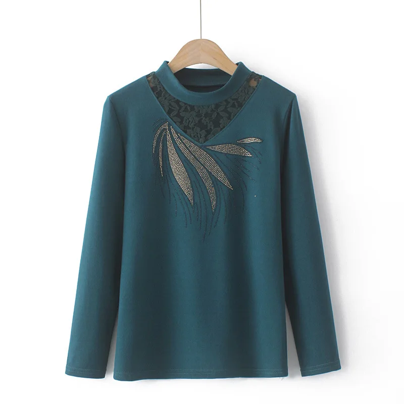 

Women's Clothing T-Shirts Plus Size Autumn Winter 2021 New Middle Aged Lace Mock Neck Long Sleeve Hot Drilling Keep Warm Tops