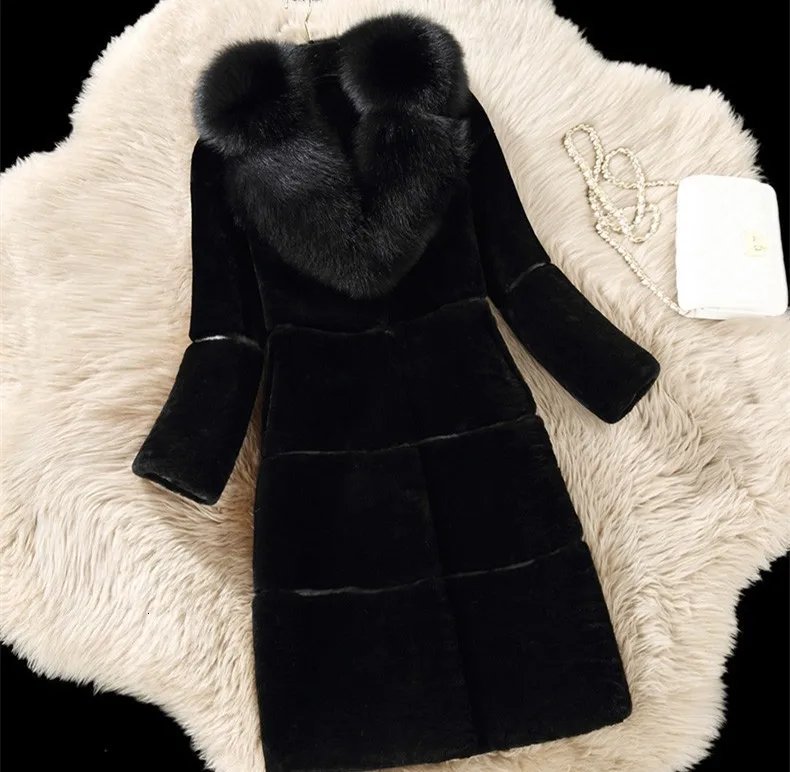 Sheep Shearing Faux Fur Coat Women 2019 Autumn Winter New Leather Jacket In The Long Fox Collar Female 5XL | Женская одежда