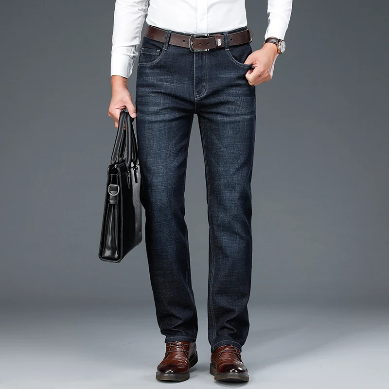

Business Jeans Autumn New Men's Classic Dark Blue Black Pure Cotton Stretch Slim Straight Denim Trousers Men's Brand Clothing