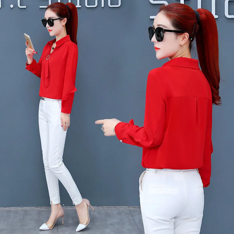 Женская шифоновая блуза Повседневная с длинным рукавом и отложным воротником