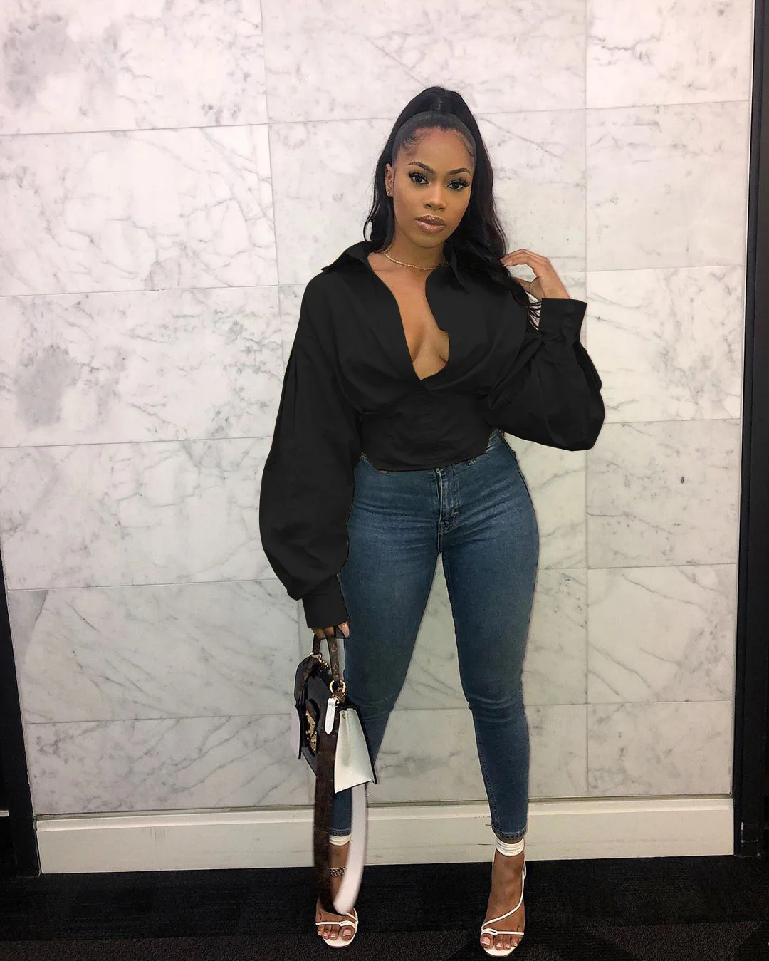 Пикантные женские фонарь однотонные рубашки с длинными рукавами для весны и лета