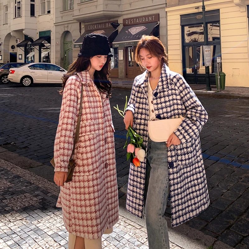 Женское длинное твидовое пальто роскошное шерстяное с принтом мешковатое