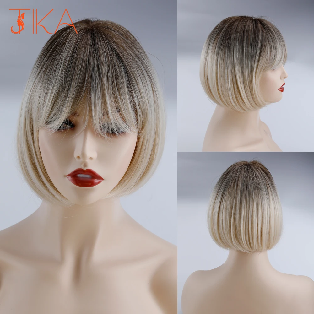 

Tika Blonde Ombre Short Bob Wigs for Women Synthetic Straight Hair Wig Natural Middle Part Wigs for Cosplay Party