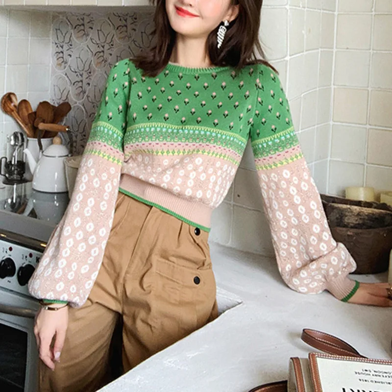 Женский жаккардовый вязаный укороченный свитер Осенний пуловер с люрексом и