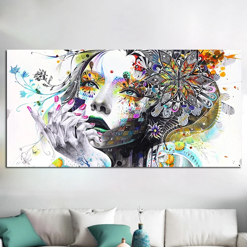 Девушка лицо с цветами масляной живописи напечатанные на холсте плакаты и печать