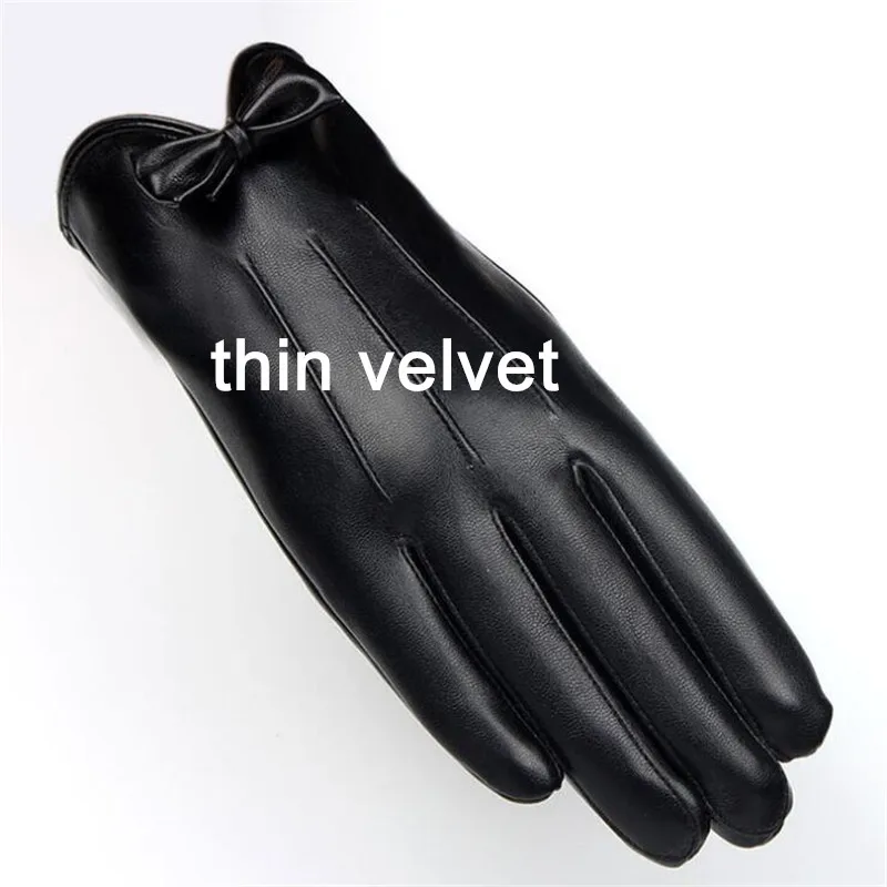 black thin velvet Новое поступление женские зимние теплые модные розовые перчатки из искусственной кожи с бантом - Цвет: black thin velvet