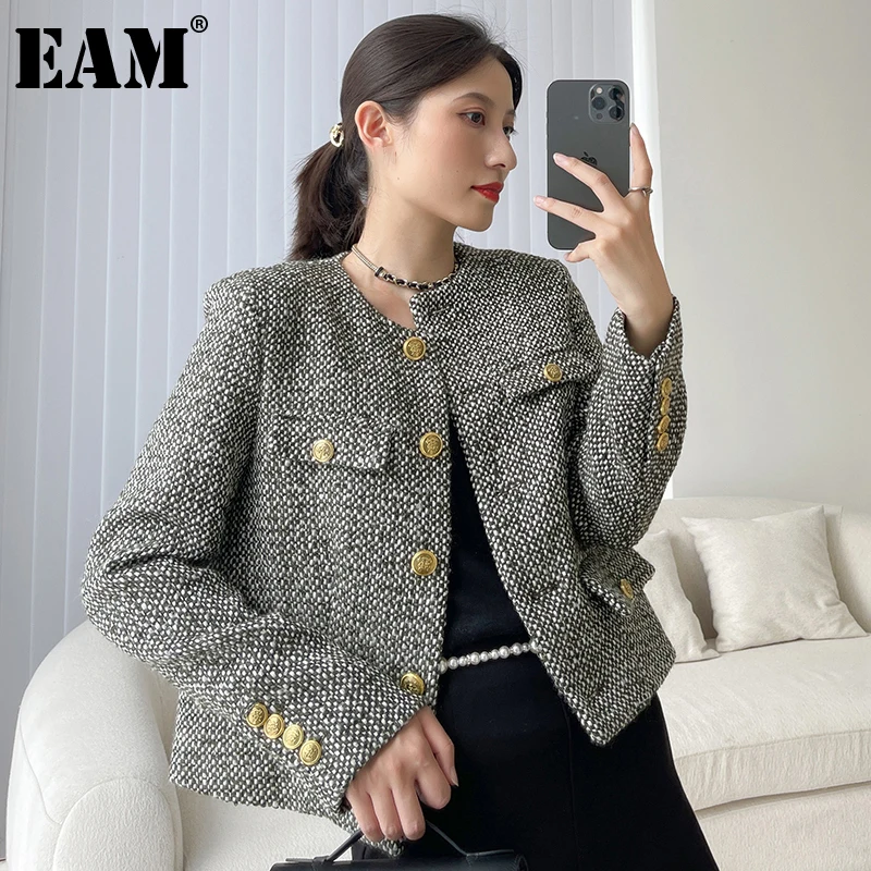 

[EAM] Loose Fit Black White Plaid Elegant Tweed Woolen Coat Parkas New Long Sleeve Women Fashion Tide Autumn Winter 2022 1DE3894