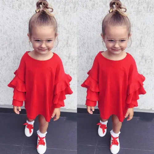 2020 Toddler Kids Baby Girls Summer Autumn Fashion Cassual Ruffle Off Shoulder Long Sleeve Red Cotton Short Dress Clothes | Детская