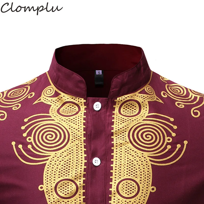 

Clomplu Dashiki Men Fashion African Clothes Casual Long Sleeve Traditional Clothes Shirt Print Wine Red